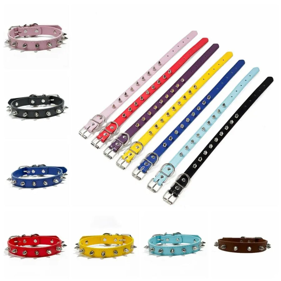 Colorful studded dog collars collection – spiked PU leather collars on white background