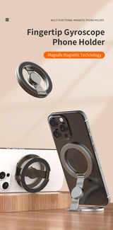 Double-sided MagSafe phone holder with fingertip gyroscope on wooden surface