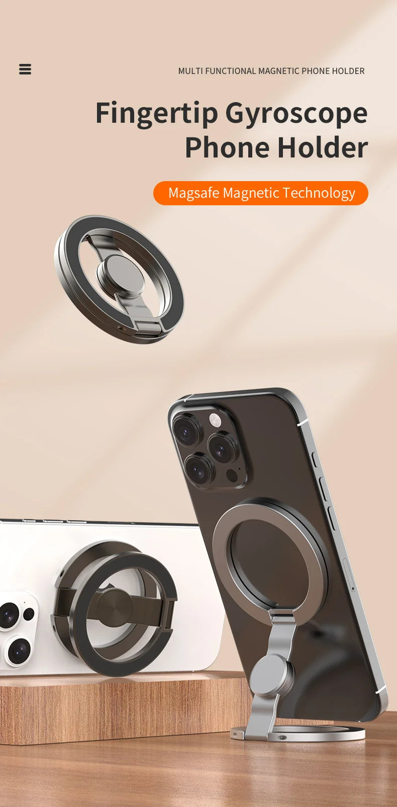 Double-sided MagSafe phone holder with fingertip gyroscope on wooden surface