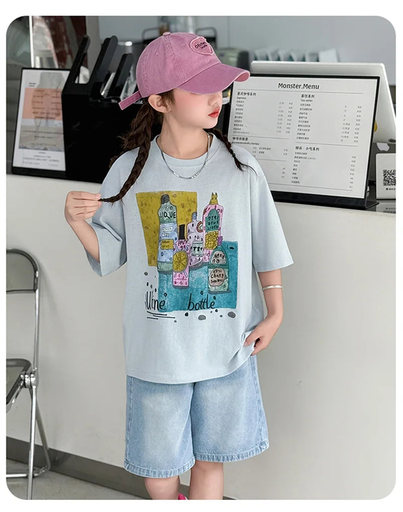 Girls Summer Outfit Set – Print T-Shirt + Shorts (Ages 5-14)