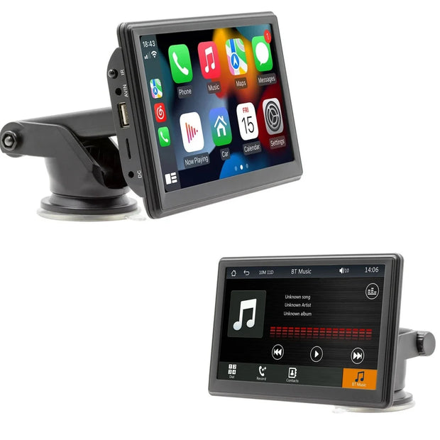 7-inch wireless car stereo with touchscreen display and adjustable mount for in-car entertainment.