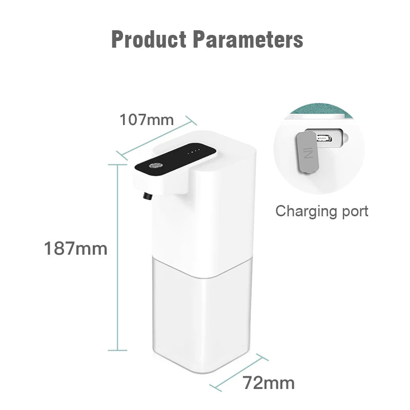 Product dimensions and features with a charging port highlighted on a white background