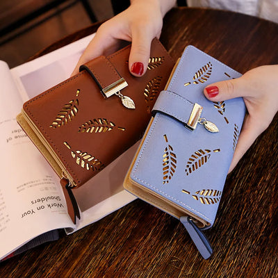 Women's Long PU Leather Wallet – Gold Hollow Leaves Design