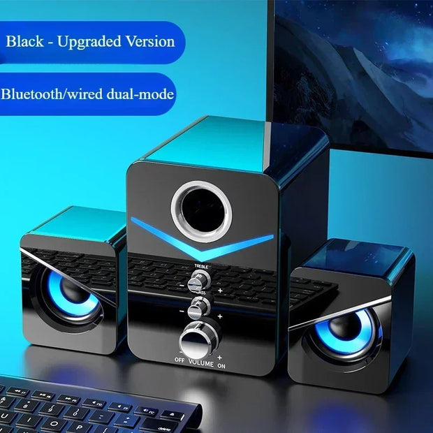Wired desktop speakers showcasing HiFi stereo sound with a USB connection, ideal for gaming and multimedia.