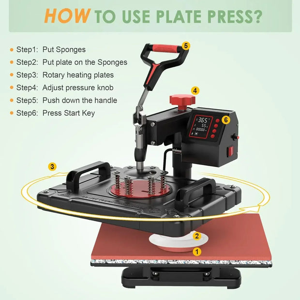 5 in 1 Heat Press Machine Sublimation Heat Press 360° Swing Away Heat Transfer Digital T-Shirt Pressing Multifunction Combo