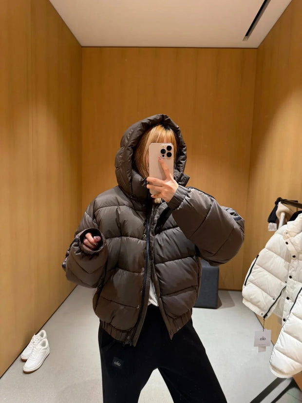 White Winter Jacket for Women Fashion Long Sleeve Hooded Bread Cotton Clothes Female Leisure Thick Warm Padded Coat Women