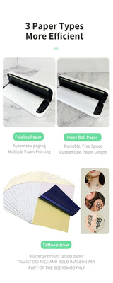 Three types of paper for the portable A4 thermal printer — folding paper, roll paper and tattoo sticker paper for wireless inkless printing