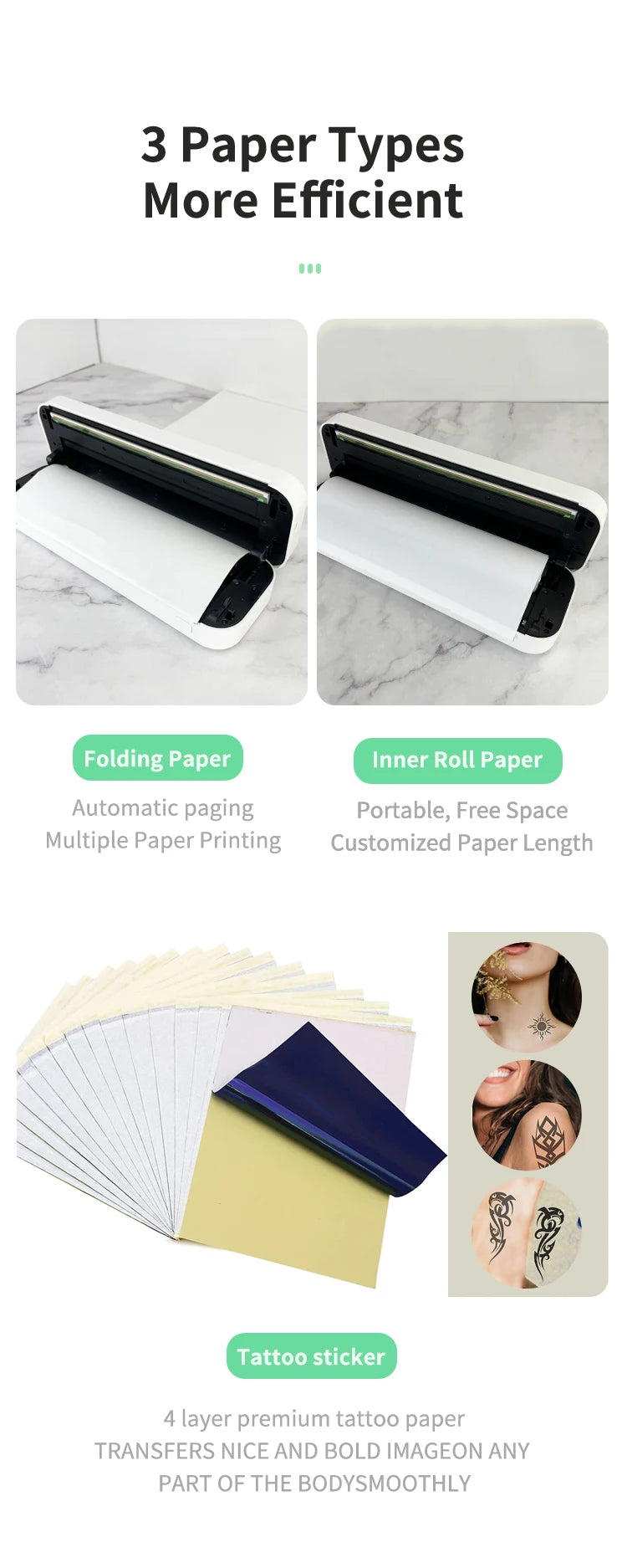 Three types of paper for the portable A4 thermal printer — folding paper, roll paper and tattoo sticker paper for wireless inkless printing