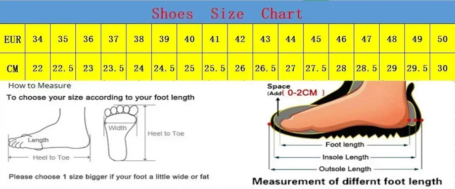 Shoe size chart with measurements for feet and shoes