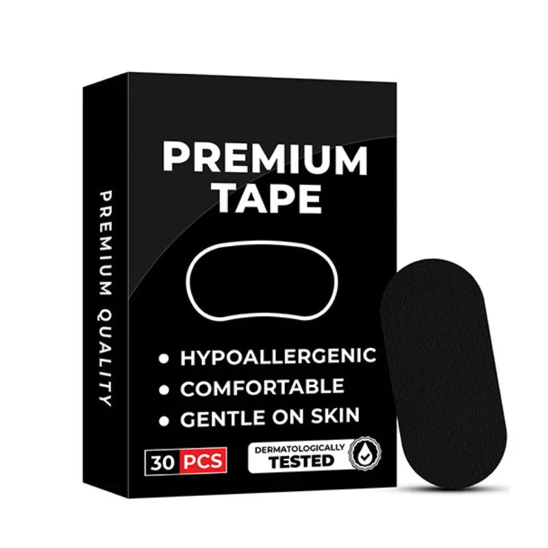 Mouth Tape for Snoring - box of premium mouth tape with single strip on white background