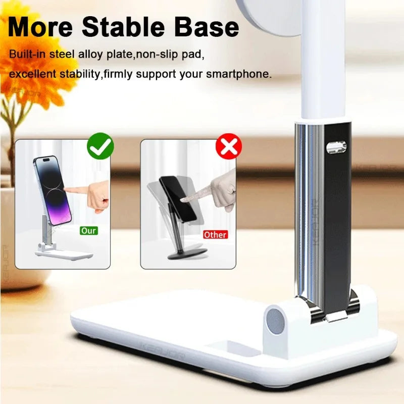 Smartphone stand with stability features on a desk