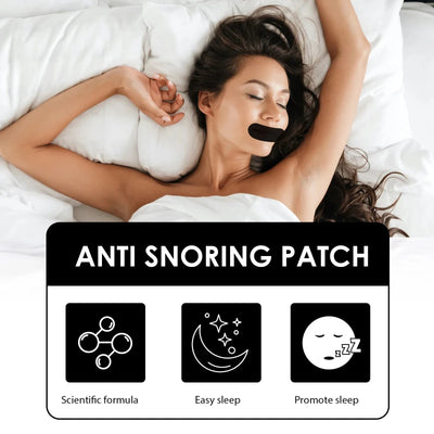 Woman sleeping peacefully with a black anti-snoring mouth tape strip over her lips