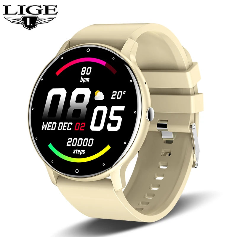 Beige LIGE smartwatch with digital display on white background