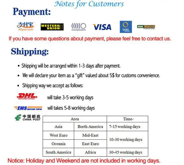 Accepted payment methods and shipping information for product orders