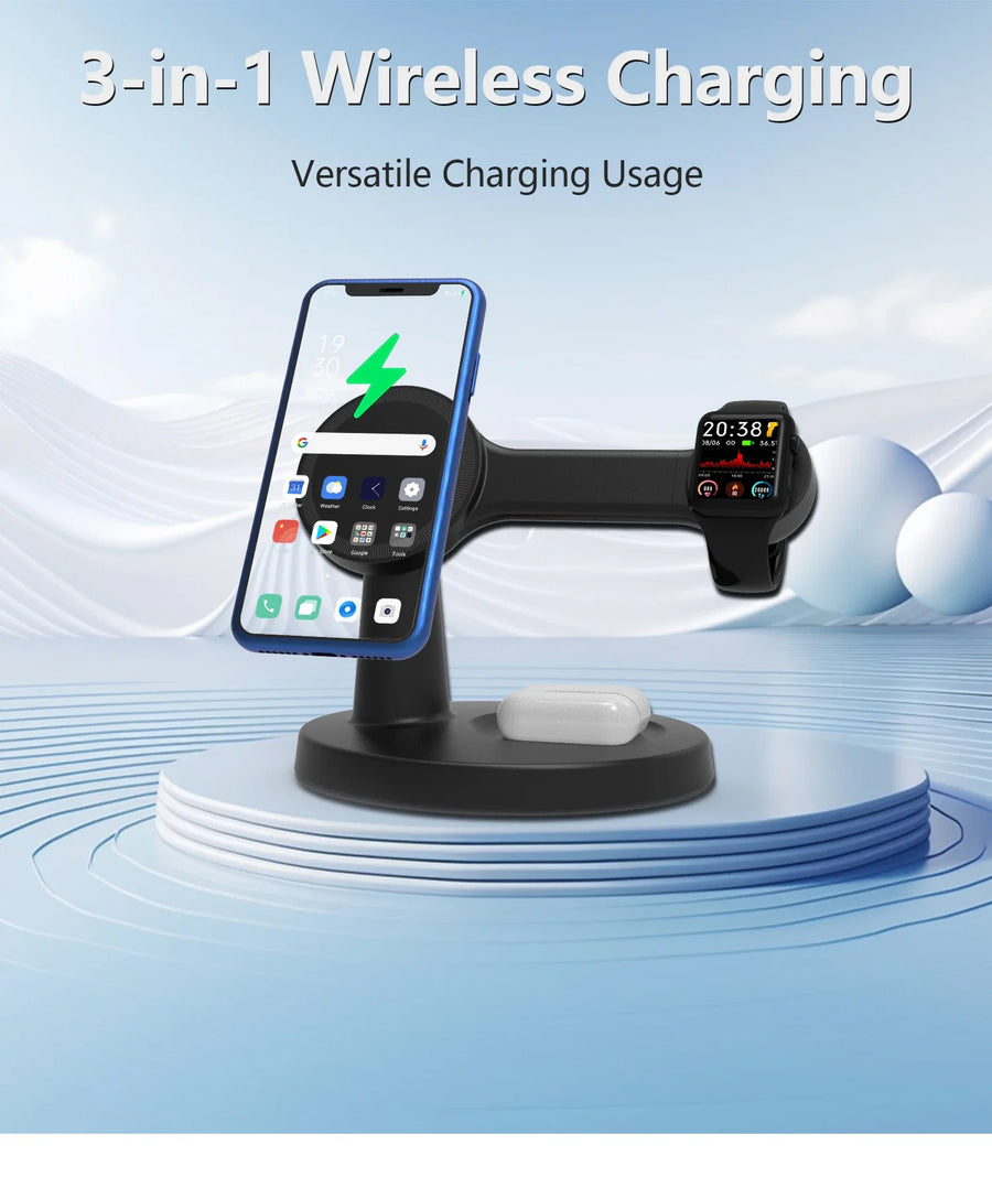 3-in-1 Wireless Charging Station – Fast Charge Phone, Watch & Earbuds
