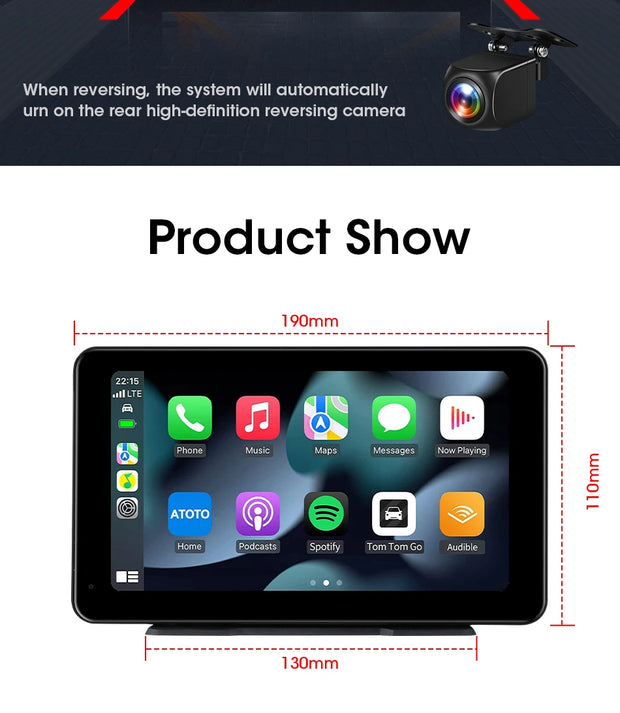 Vtopek 11.3" HD Carplay screen showing features and dimensions, ideal for various vehicle types.
