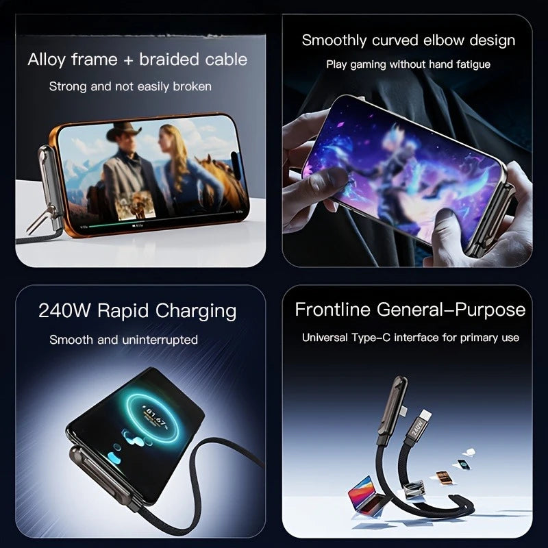 240W Foldable Stand Type-C Cable – Braided with Multi-Function Holder for iPhone