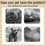 Pet Oat 3-in-1 deodorizing pet shampoo – problem and solution graphic showing dirty matted dogs before washing