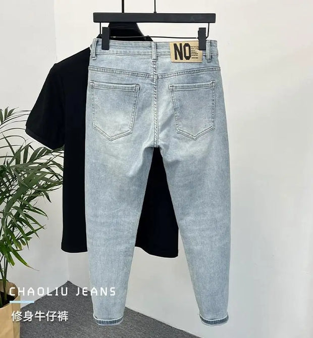 Jeans Men's Trendy Brand Light-colored Fashion Youth Casual Pants Cowboy Simple Ruffian Handsome Slim-fitting Skinny Jeans Men