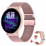 Smartwatch with rose gold mesh band on white background