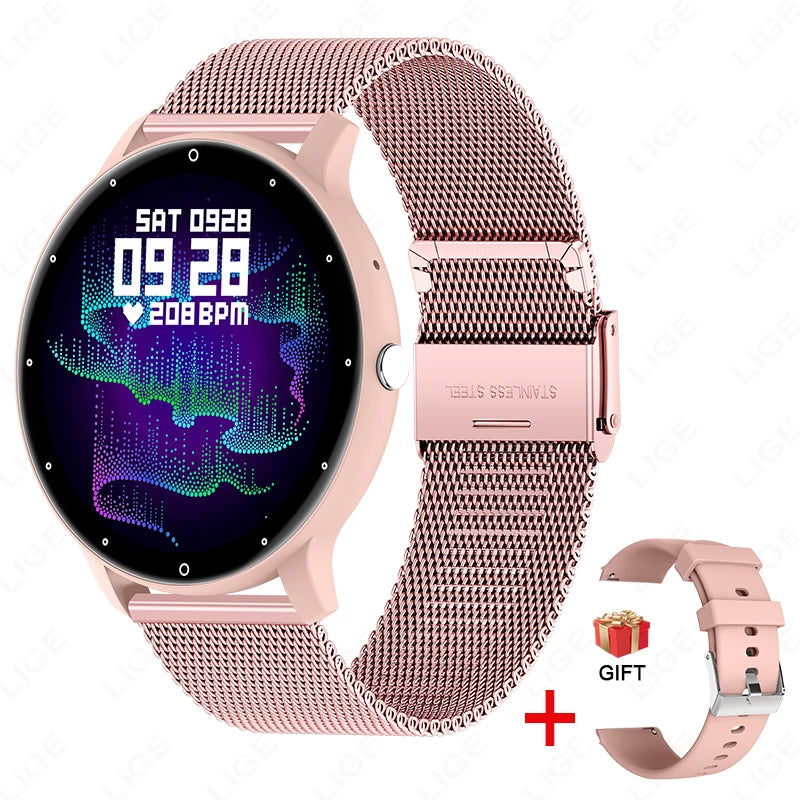 Smartwatch with rose gold mesh band on white background