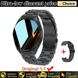 Black Women's Smart Watch 6 with metal band on white background with promotional text