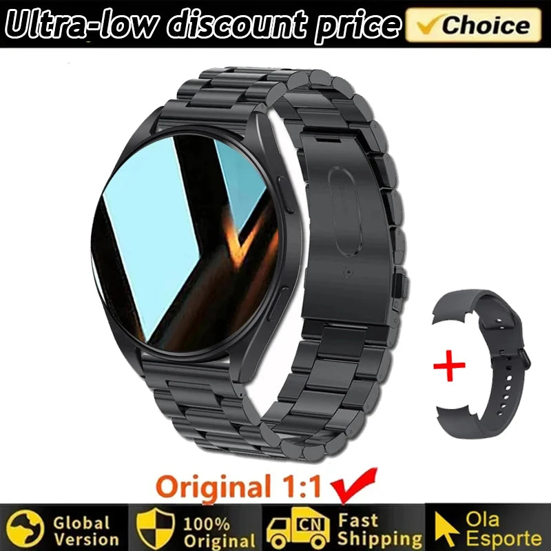 Black Women's Smart Watch 6 with metal band on white background with promotional text