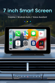 7 inch smart screen for cars featuring Carplay, Android Auto, and voice assistant functions.
