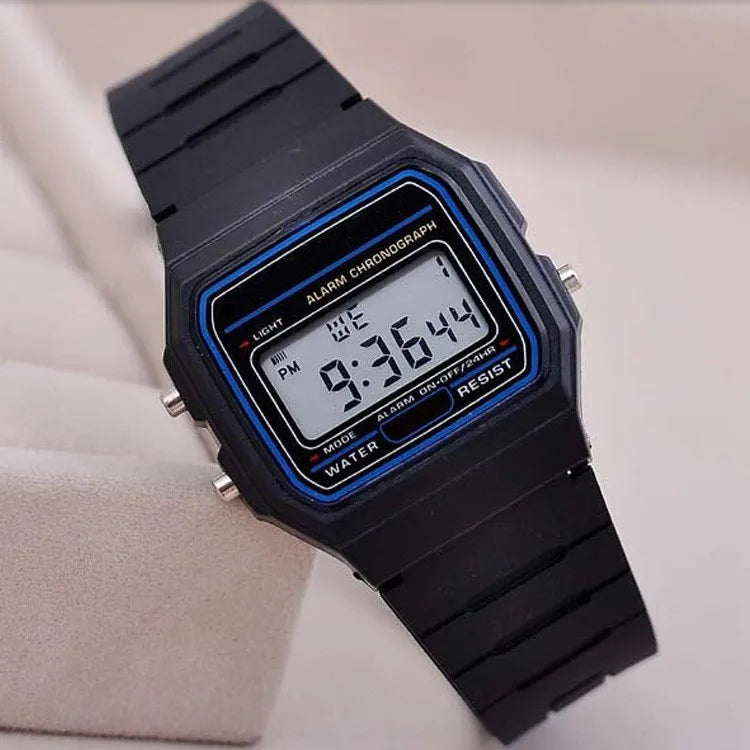 Men's LED digital military watch with alarm chronograph and water resistance, black silicone band with blue accents.