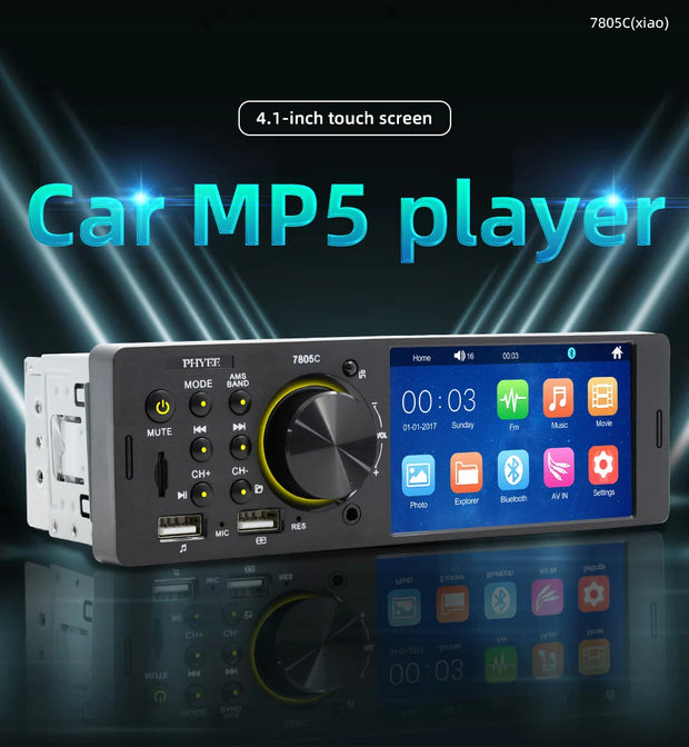 Touch Screen Car Radio, MP5 Player, Bluetooth, Hands Free, Audio, USB, TF, 7 Colors Lighting, Stereo System, Head Unit, 7805C