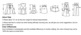 Size chart with garment measurement diagrams and notes on sizing and color differences