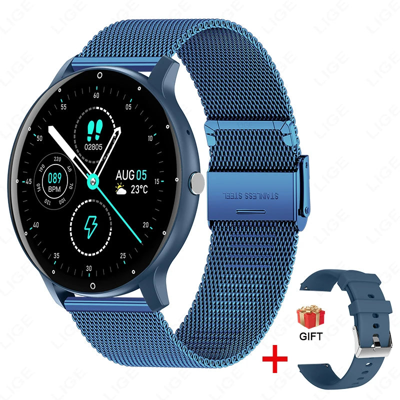 Blue smartwatch with mesh band and additional band on white background