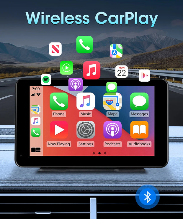 Vtopek Carplay screen displaying wireless CarPlay interface with app icons in a car setting.