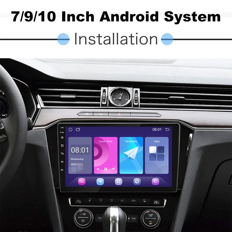 Car touchscreen display with CarPlay option installed in a vehicle dashboard, 7, 9 and 10 inch Android system installation view