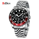 Men's silver quartz dress watch with black and red minimalist round dial on white background
