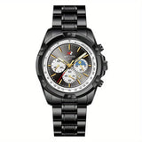 Men's quartz chronograph watch with black dial, gold markers and black alloy band on a white background, featuring the brand 'NOTIONR'.
