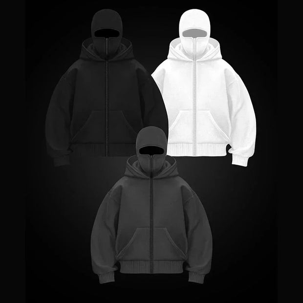 Men's Balaclava Zip Hoodie with Face Mask Winter Warm Zipper Sweatshirt Oversized Hooded Sports Jacket for Outdoor Activities