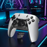 White gaming controller with black accents on a dark background with neon lights