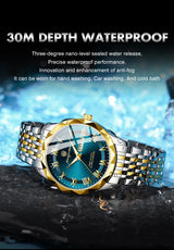 Men's minimalist quartz leisure watch – wristwatch with gold and silver band on black background with water droplets