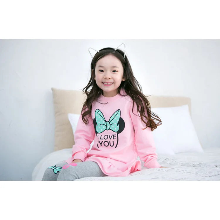 Kids Clothing Set featuring a girl in a pink cartoon bow knot sweater with cat ear headband, perfect for spring and autumn.