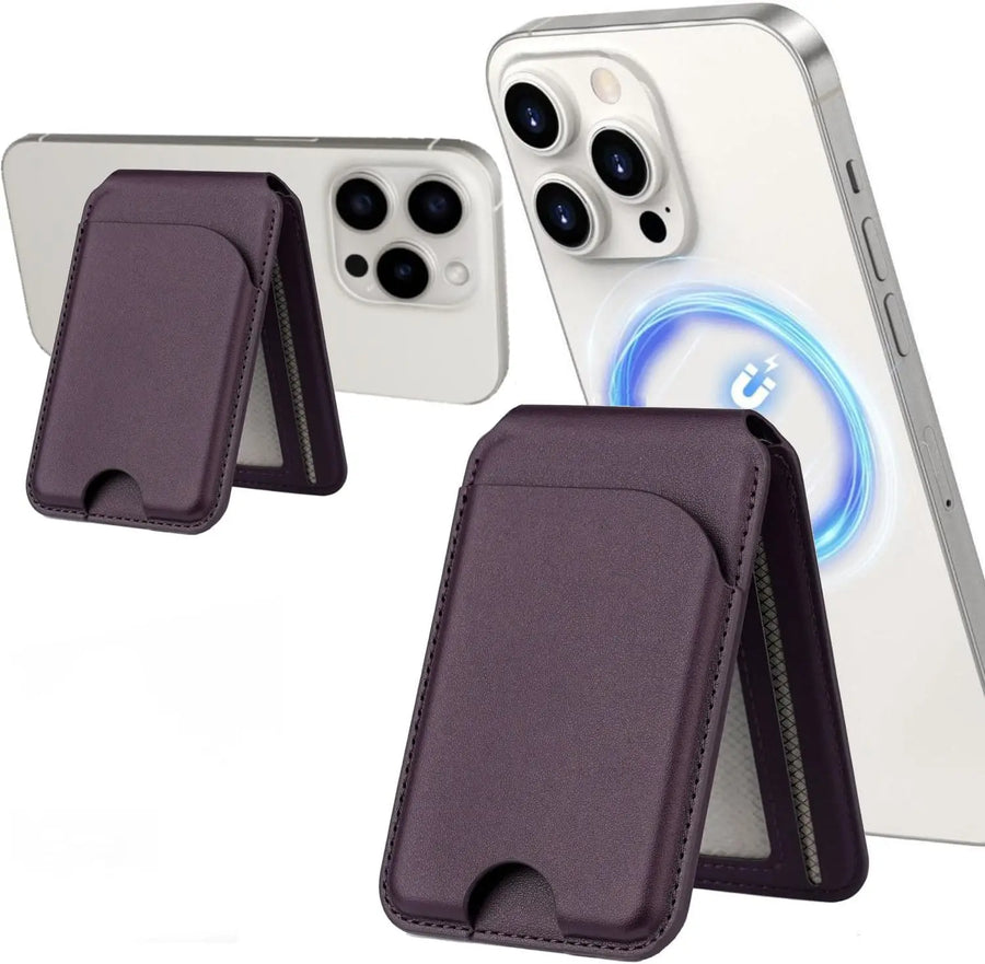 Purple phone case with card holder attached to a smartphone on a white background