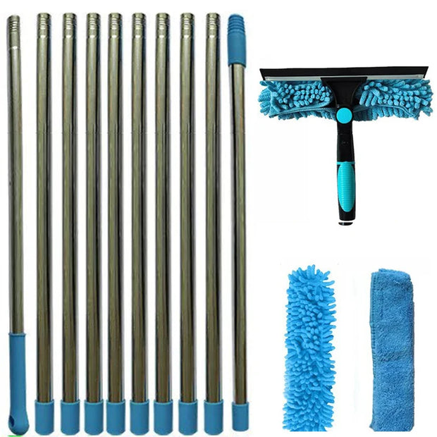100-420CM Extended Window Cleaning Kit 2 in 1 Double Sided Glass Squeegee Cleaner Duster Mop 180° Swivel Window Cleaning Tools