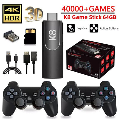 58000 Games Handheld Console - K8 game stick with controllers and accessories on white background