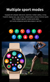 Women's Smart Watch 6 showing sports modes on screen with person running outdoors