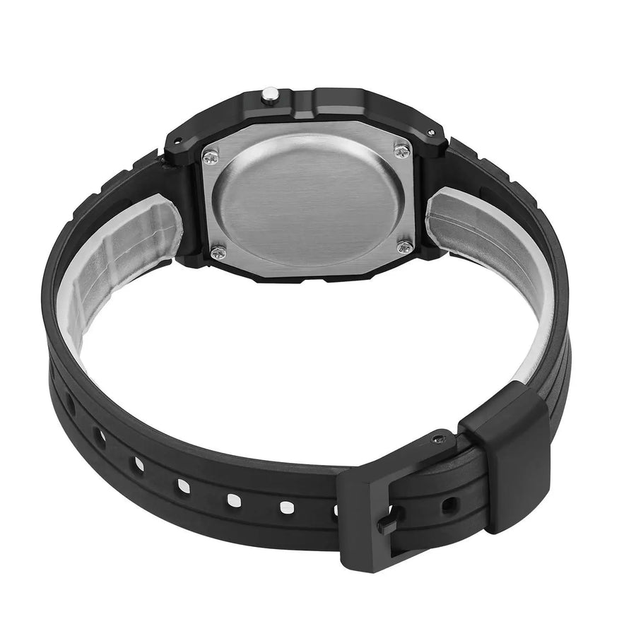 Back view of men's black LED digital military watch with stainless steel case back and black silicone band on white background.
