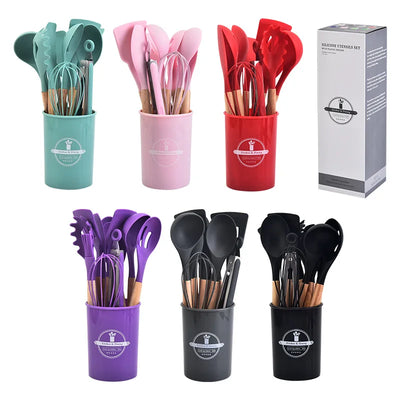 12-piece silicone kitchen utensil set – set of colorful kitchen utensils in holders with box in background