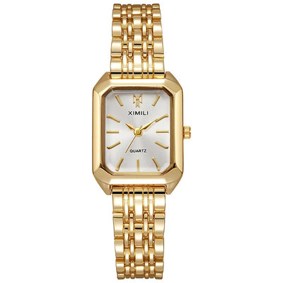 Women's gold square quartz watch with white dial on white background