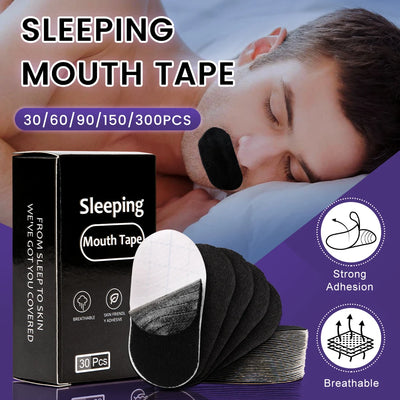 Mouth tape for sleeping – anti-snoring strips box 30/60/90/300 pcs, man sleeping with tape applied