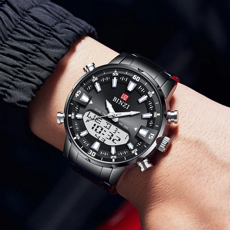 Men's dual display watch with black dial worn on wrist, dark background — analog digital quartz wristwatch
