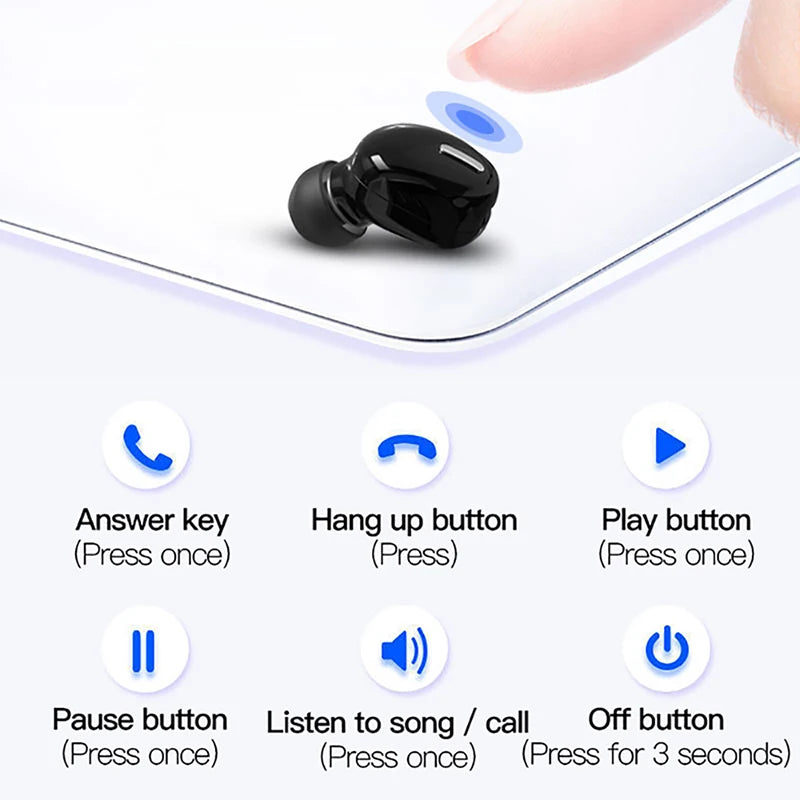 Black wireless earbud with control buttons labeled on a white background